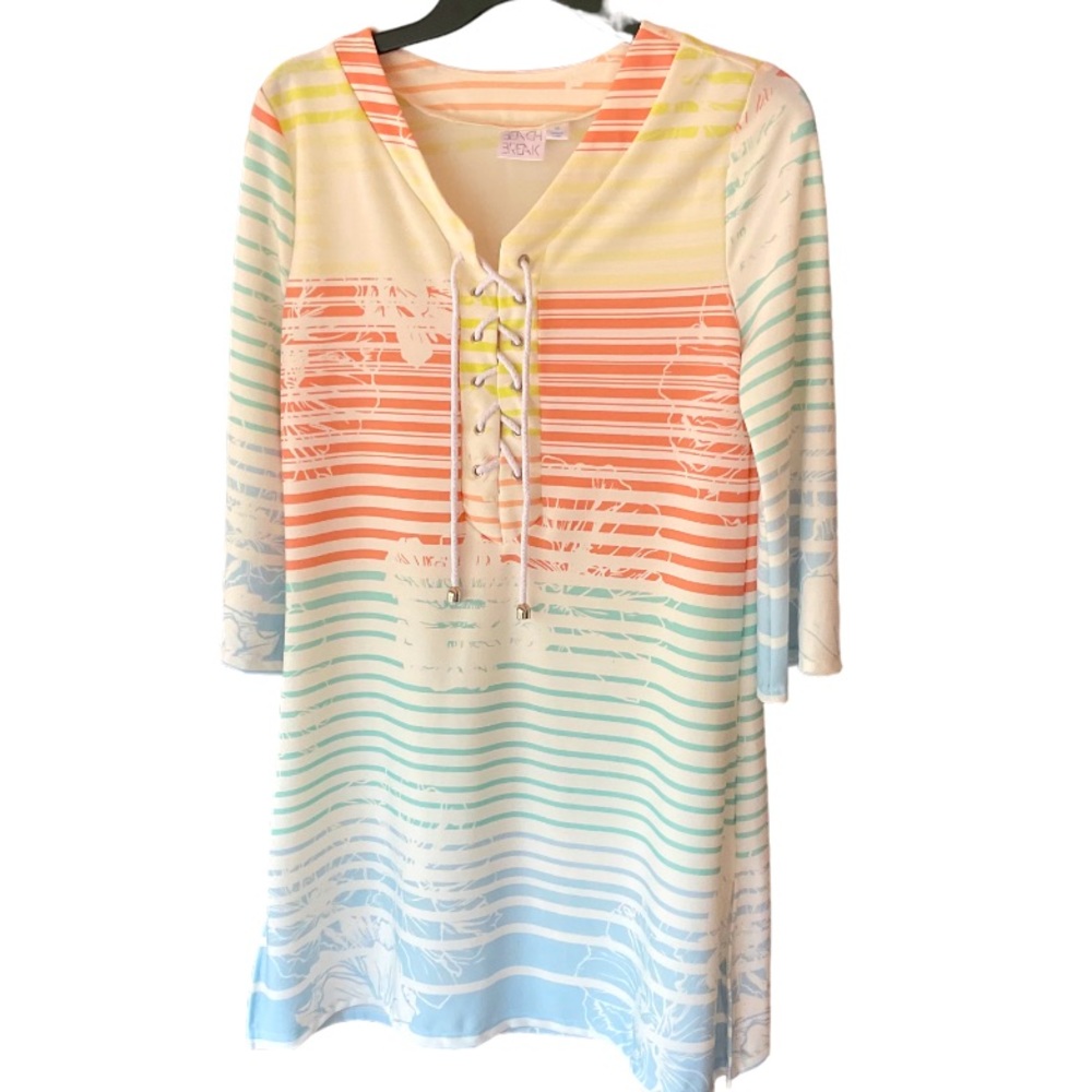 BEACH BREAK SIZE SMALL COVER-UP BEACH WEAR STRIPE WHITE,BLUE PEACH NWOT